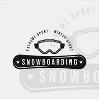 snowboard y gafas de esquí logotipo vintage vector ilustración plantilla icono diseño gráfico. símbolo de deporte de invierno o signo para viajes de negocios o de empresa con estilo tipográfico