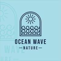 wave logo line art simple minimalist vector illustration template icon graphic design. sunburst at the ocean sign and symbol for travel or adventure business with badge