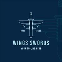 wings and sword logo line art simple minimalist vector illustration template icon graphic design. swords sign or symbol for company with blue color backgrounds
