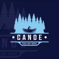 canoe or kayak at river forest logo vintage vector illustration template icon graphic design. kayaking and rowing pines tree sign or symbol for adventure sport