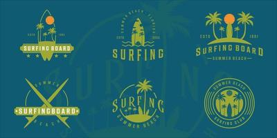 set of surfing board at the beach logo vintage vector illustration template icon graphic design. bundle collection of various surfboard sign and symbol with typography style for travel and business