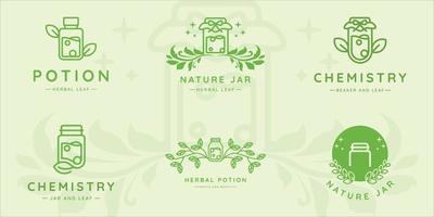 set of jar and leaf logo line art vector illustration template icon graphic design. bundle collection of various  herbal potion with natural concept for company