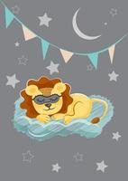 lindo león acostado en una nube con una máscara para dormir, ilustración vectorial para la decoración de la guardería. vector