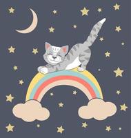 lindo vector colorido de un gato en un arco iris. ilustración para decoración de guarderías, espacios infantiles.