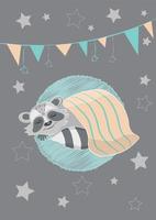 Cute cartoon raccoon sleeping under a blanket. Cheerful vector illustration for nursery decoration