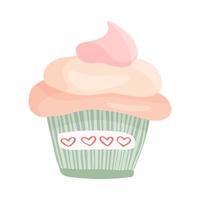 Cupcake, vector illustration of a sweet cake with cream, decorated with hearts. Unhealthy, but tasty food. Isolated on white background.