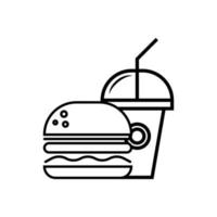 Hamburger and soda takeaway, Fast food icon, Outline flat design on white background, Vector design.