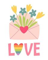 Cute card for Valentine's Day, hand draw envelope with flowers, heart and lettering LOVE. Vector illustration for typography.