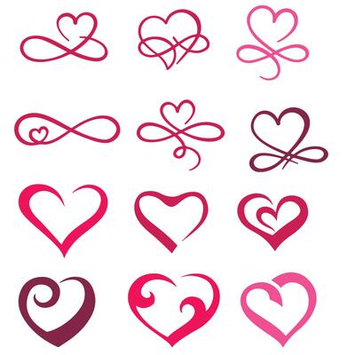 Love hearts flourish. Heart shape flourishes, ornate hand drawn romantic hearts and valentines day symbol, valentine line sketch sign. Isolated vector icons set