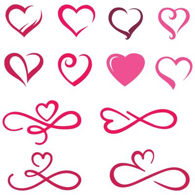 Love hearts flourish. Heart shape flourishes, ornate hand drawn romantic hearts and valentines day symbol, valentine line sketch sign. Isolated vector icons set