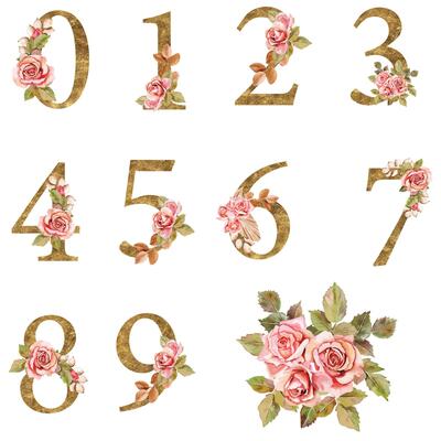 Floral Number Set - digits 1, 2, 3, 4, 5, 6, 7, 8, 9, 0 with peach pink white gold botanic flower branch bouquets. Wedding invitations, baby shower, birthday, other concept ideas.