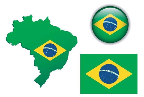 Brazil, Brazilian flag, map and glossy button.