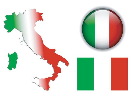 Italy, Italian flag, map and glossy button.