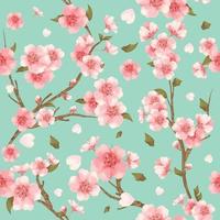Watercolor Pattern of Pink Cherry Blossom With Branches and leaves vector