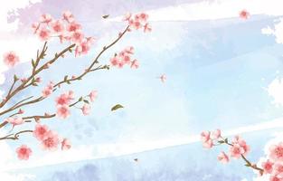 Watercolor Sakura Blossom with Falling Down Petals and Leaves vector