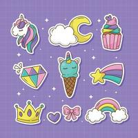 linda colección de temas de pegatinas de unicornio vector