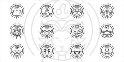 conjunto de zodiaco u horóscopo logo línea arte vector ilustración plantilla icono diseño gráfico. colección de paquetes de varias insignias circulares de astrología con tipografía