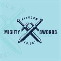 cross sword logo vintage vector illustration template icon graphic design. swords or blade or saber sign and symbol for company with blue backgrounds and typography style