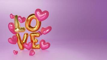pancarta de feliz día de san valentín. fondo de escenario rosa con decoración de corazones y globos de amor de helio. renderizado 3d foto