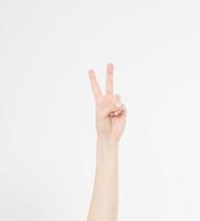 Hand showing the sign of victory or peace closeup isolated on white background.Front view. Mock up. Copy space. Template. Blank. photo
