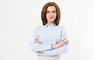 Confident young manager on white background - Portrait of happy young business woman isolated on white background. photo