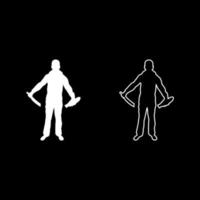 Man with sword machete remove sheath scabbard Cold weapons in hand military man Soldier Serviceman in positions Hunter with knife Fight poses Strong defender Warrior concept Weaponry Stand silhouette vector