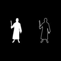 Man with sword machete Cold weapons in hand military man Soldier Serviceman in positions Hunter with knife Fight poses Strong defender Warrior concept Weaponry Stand silhouette white color vector