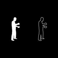 Man with saucepan in his hands preparing food Male cooking use sauciers with open lid silhouette white color vector illustration solid outline style image
