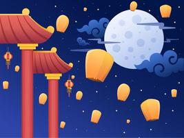 ilustración del festival de linternas chinas con linternas voladoras en el cielo nocturno con construcción de puertas chinas. se puede utilizar para tarjetas de felicitación, postales, invitaciones, afiches, pancartas, web, animación. vector