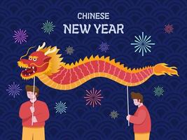 Illustration of People Celebrate Chinese New Year With Dragon Dance with Red and Yellow Colors.  Chinese Lunar New Year Tradition Festival. Can be use for greeting card, postcard, banner, poster, etc.