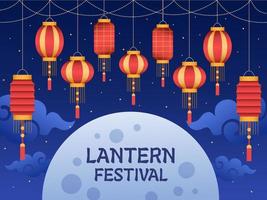 linterna china colgante con color rojo y amarillo en el cielo nocturno. diseño del festival de linternas chinas. año Nuevo Chino. se puede utilizar para tarjetas de felicitación, invitación, afiche, banner, web, animación, etc. vector