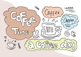conjunto de elementos de tiempo de café con comida, granos de café, vidrio, leche y texto de letras.ilustración vectorial. vector
