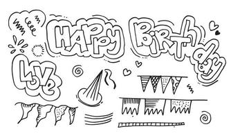 conjunto de objetos y símbolos de dibujos animados de garabatos dibujados a mano en la fiesta de cumpleaños. vector