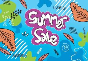 Summer sale banner template with doodle style. An abstract summer with palm leaves and hibiscus flowers. Promo badge for your seasonal designs. vector