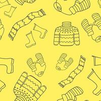Seamless pattern with warm clothing on a yellow background. Warm sweater, scarf, mittens, rubber boots. vector