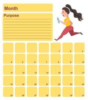 Annual wall planner for one month. Template with an illustration of a running girl. Vector illustration