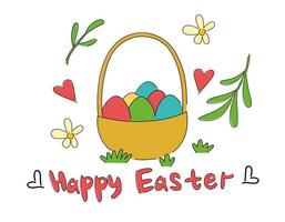 Happy Easter greeting card. A basket of eggs stands in a clearing. vector