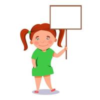 A red-haired girl with two ponytails holds a sign with the text. vector