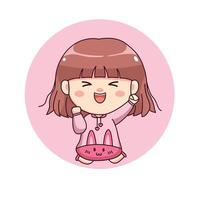 Happy cute and kawaii girl with pink hoodie bunny cartoon manga chibi character design for logo, mascot, illustration, etc