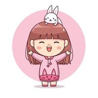 feliz linda y kawaii chica con conejito con capucha rosa y lindo conejo dibujos animados manga chibi diseño de personajes para logotipo, mascota, ilustración, etc. vector