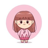 feliz linda y kawaii chica con capucha rosa conejito dibujos animados manga chibi diseño de personajes para logotipo, mascota, ilustración, etc. vector