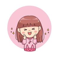 feliz linda y kawaii chica con capucha rosa conejito pulgares hacia arriba dibujos animados manga chibi diseño de personajes para logotipo, mascota, ilustración, pegatina, etiqueta, etc. vector
