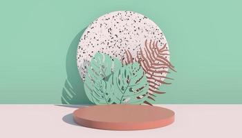 Mockup, podium, display with monstera leaves tropical plant background, 3d render photo