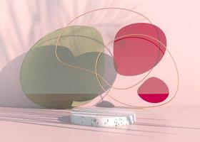 Boho podium with palm leaves shadows and pastel colors for cosmetic product presentation. Empty showcase pedestal backdrop mock up. 3d render. photo