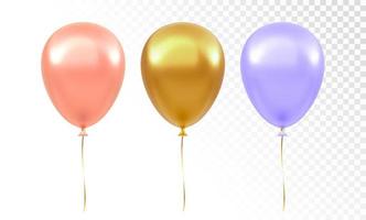 conjunto de globos aislado sobre fondo transparente. plantilla de globos de helio 3d festivos de color dorado, rosa y púrpura realista para aniversario, vacaciones, diseño de fiesta de cumpleaños. ilustración vectorial