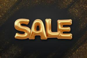 SALE. Golden Sale foil balloon word on shimmering background. High detailed 3D helium balloons gold forming word sale. Bursting backdrop with glitters. Discount and advertisement. Vector illustration.