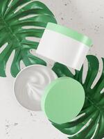 una maqueta de un tarro cosmético en blanco blanco realista de pareja aislado en un fondo claro con algunas hojas, representación 3d, ilustración 3d foto