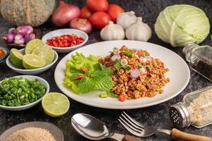 Spicy minced pork salad with chili flakes, lime, chopped green onions, chilli and roasted rice, photo