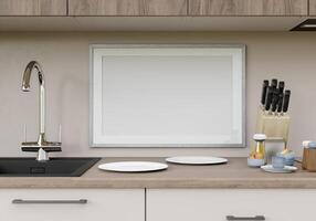 cocina 3d con marco de fotos en blanco blanco