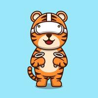 Cute tiger using virtual reality headset cartoon icon illustration vector